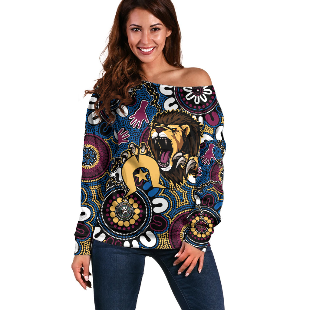 Custom Lions Football NAIDOC Week 2024 Off Shoulder Sweater Fire Burning Aboriginal Dots Art