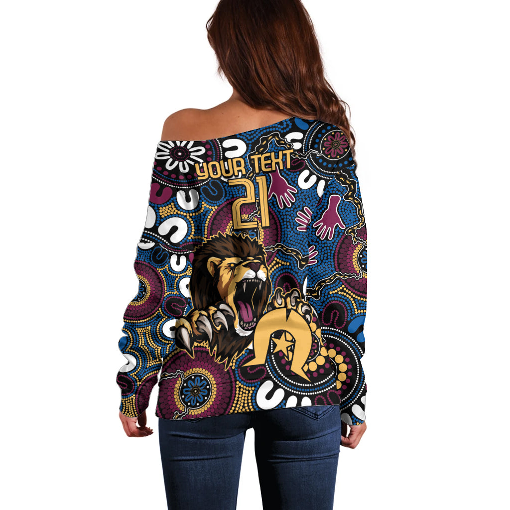 Custom Lions Football NAIDOC Week 2024 Off Shoulder Sweater Fire Burning Aboriginal Dots Art