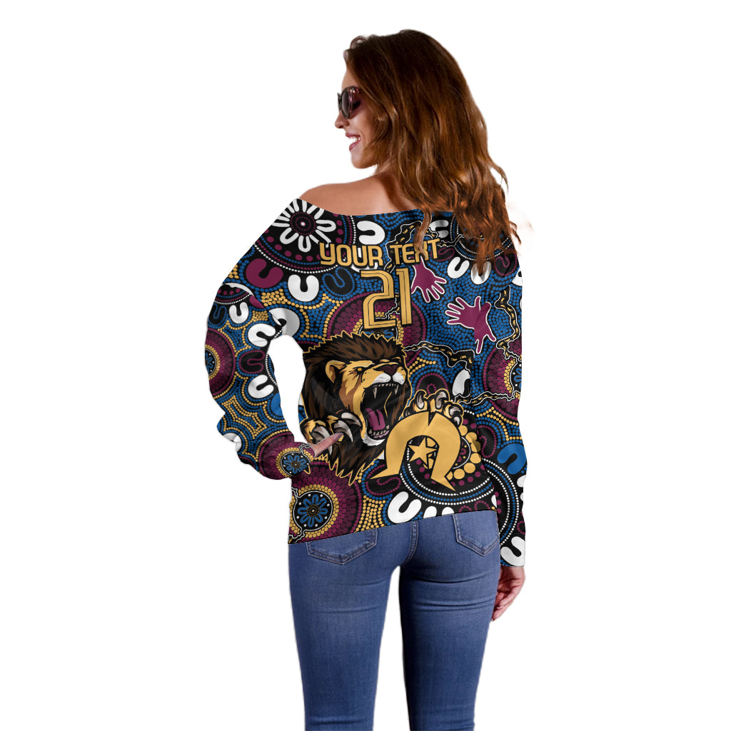 Custom Lions Football NAIDOC Week 2024 Off Shoulder Sweater Fire Burning Aboriginal Dots Art