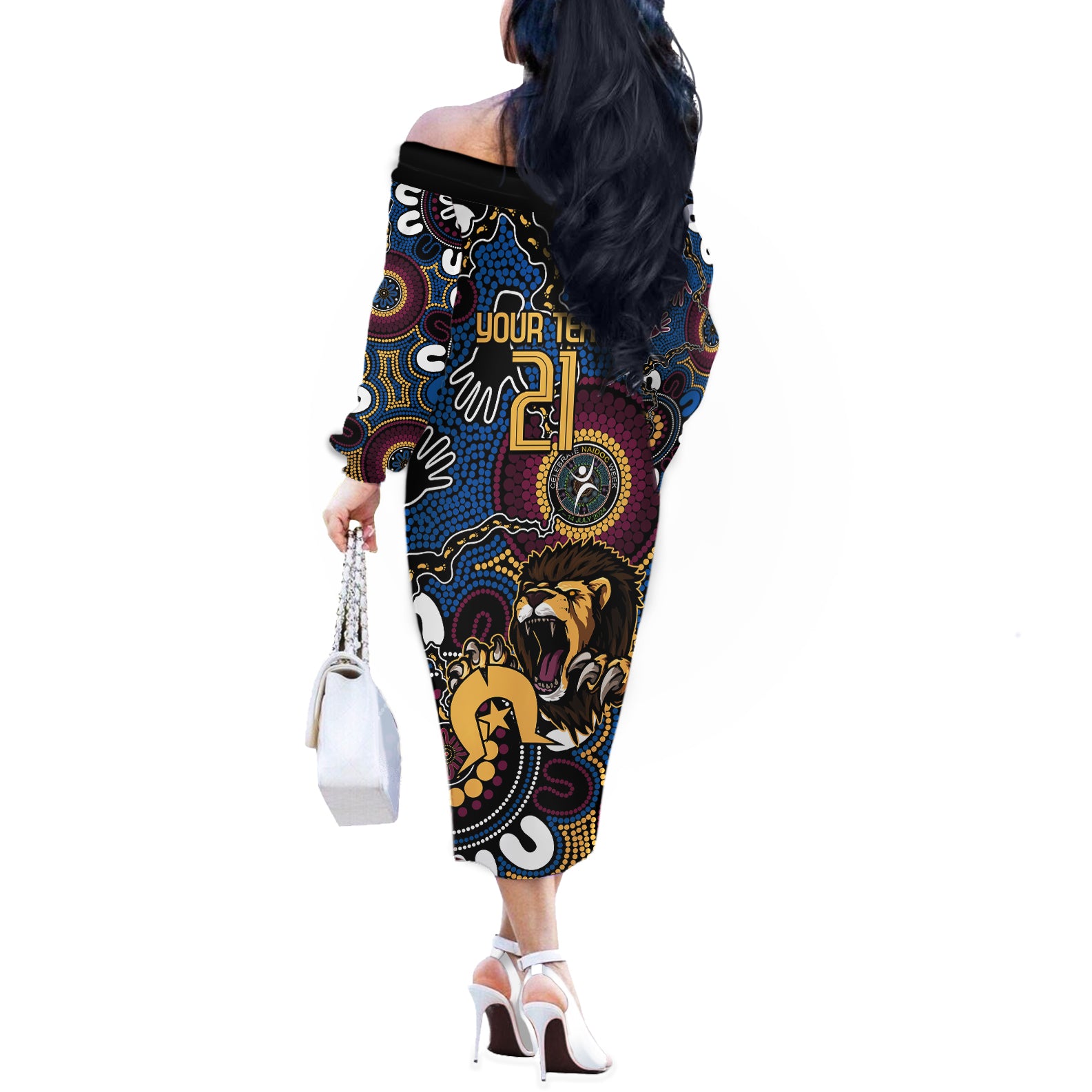 Custom Lions Football NAIDOC Week 2024 Off The Shoulder Long Sleeve Dress Fire Burning Aboriginal Dots Art