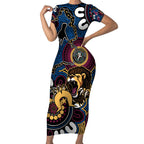 Custom Lions Football NAIDOC Week 2024 Short Sleeve Bodycon Dress Fire Burning Aboriginal Dots Art
