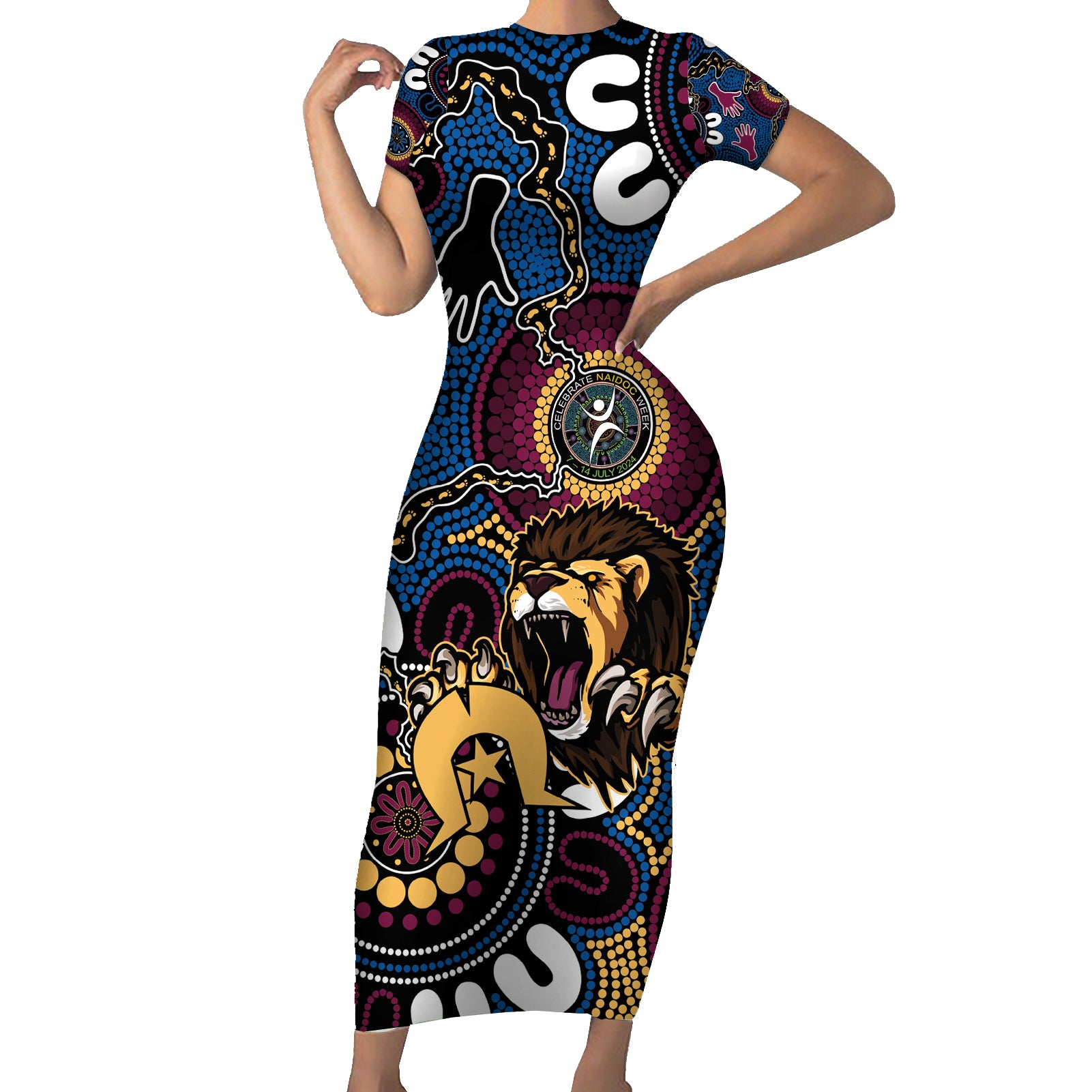 Custom Lions Football NAIDOC Week 2024 Short Sleeve Bodycon Dress Fire Burning Aboriginal Dots Art