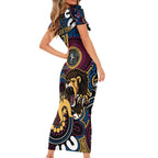 Custom Lions Football NAIDOC Week 2024 Short Sleeve Bodycon Dress Fire Burning Aboriginal Dots Art