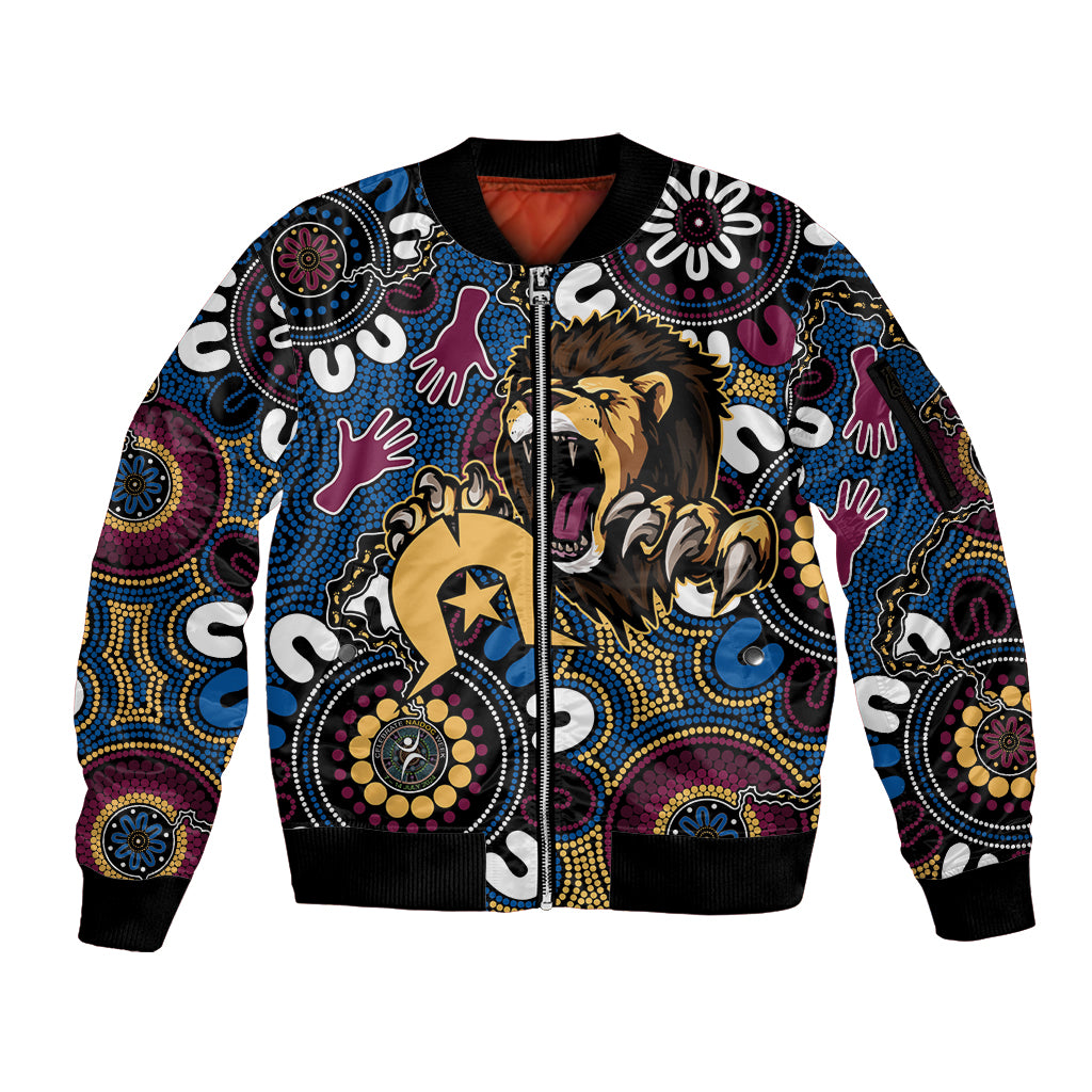 Custom Lions Football NAIDOC Week 2024 Sleeve Zip Bomber Jacket Fire Burning Aboriginal Dots Art