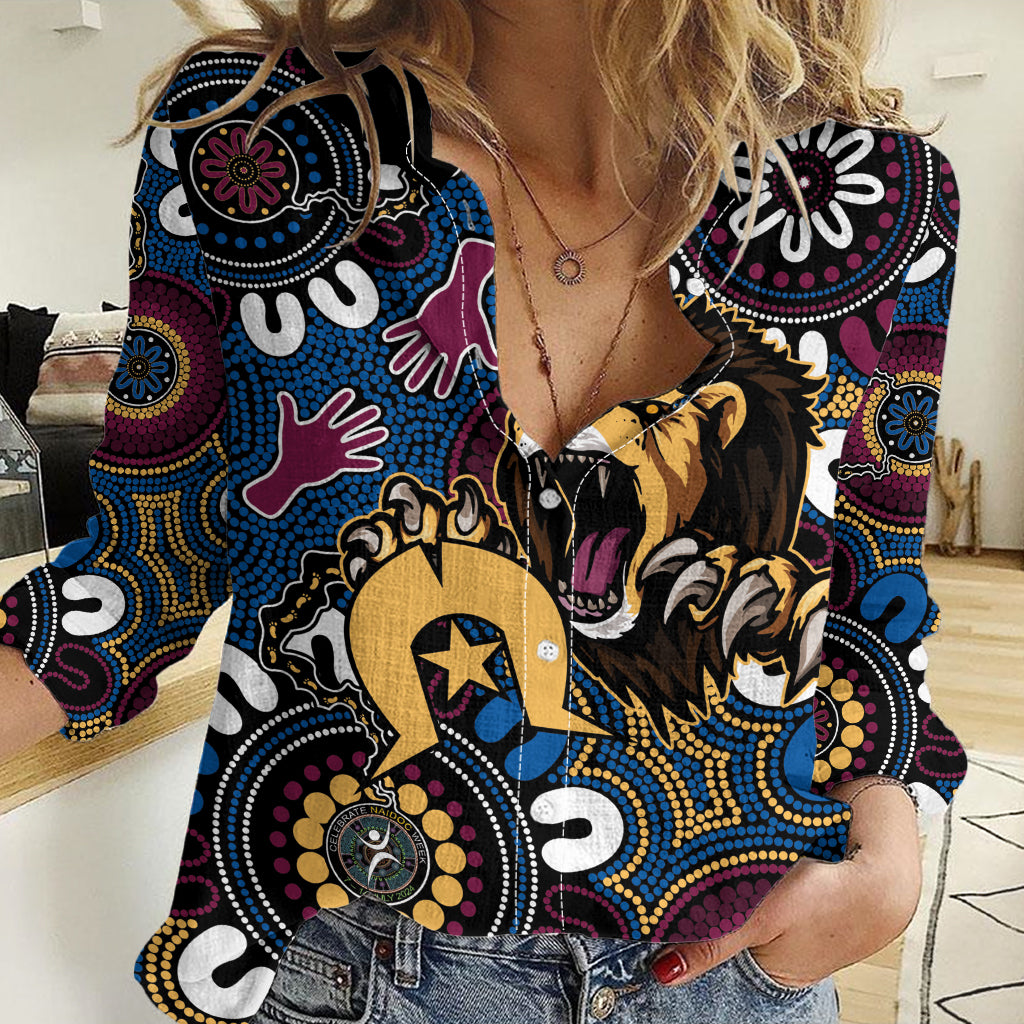 Custom Lions Football NAIDOC Week 2024 Women Casual Shirt Fire Burning Aboriginal Dots Art