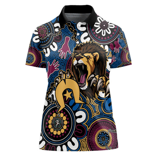 Custom Lions Football NAIDOC Week 2024 Women Polo Shirt Fire Burning Aboriginal Dots Art