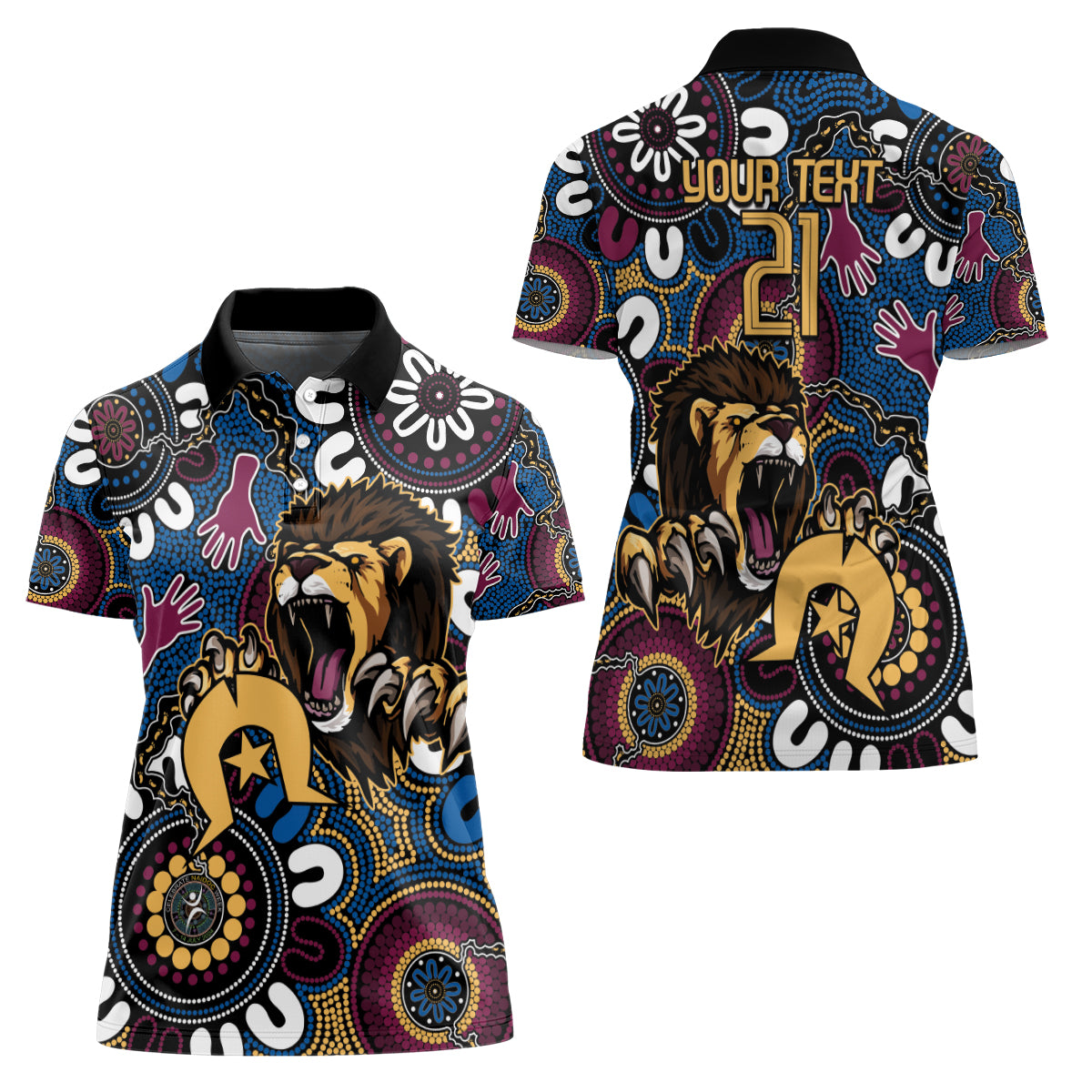 Custom Lions Football NAIDOC Week 2024 Women Polo Shirt Fire Burning Aboriginal Dots Art