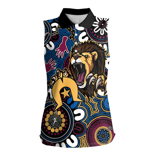 Custom Lions Football NAIDOC Week 2024 Women Sleeveless Polo Shirt Fire Burning Aboriginal Dots Art