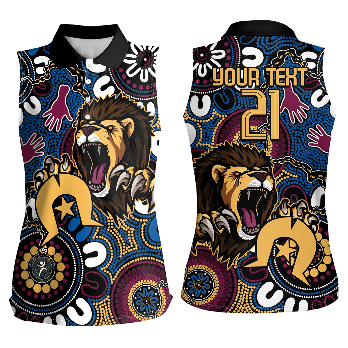 Custom Lions Football NAIDOC Week 2024 Women Sleeveless Polo Shirt Fire Burning Aboriginal Dots Art
