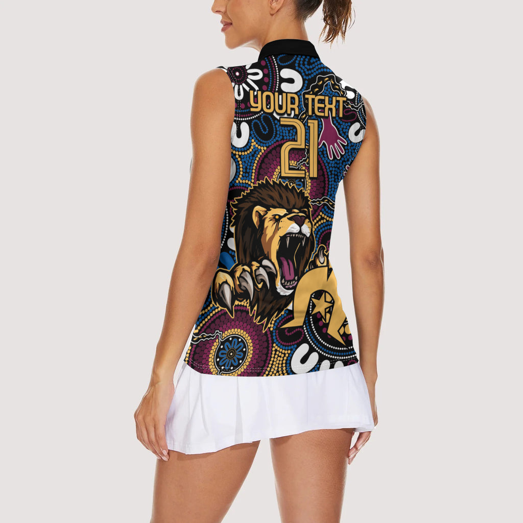 Custom Lions Football NAIDOC Week 2024 Women Sleeveless Polo Shirt Fire Burning Aboriginal Dots Art