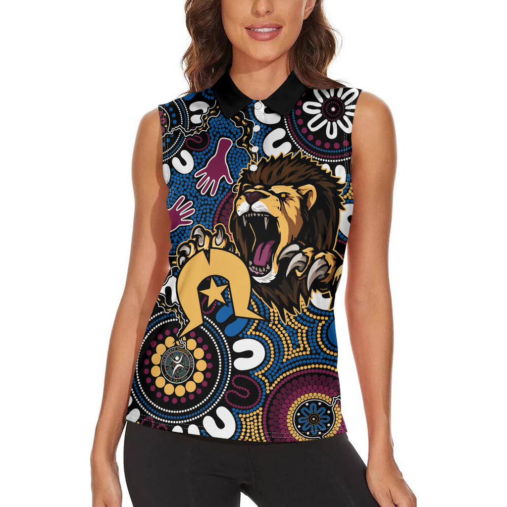 Custom Lions Football NAIDOC Week 2024 Women Sleeveless Polo Shirt Fire Burning Aboriginal Dots Art