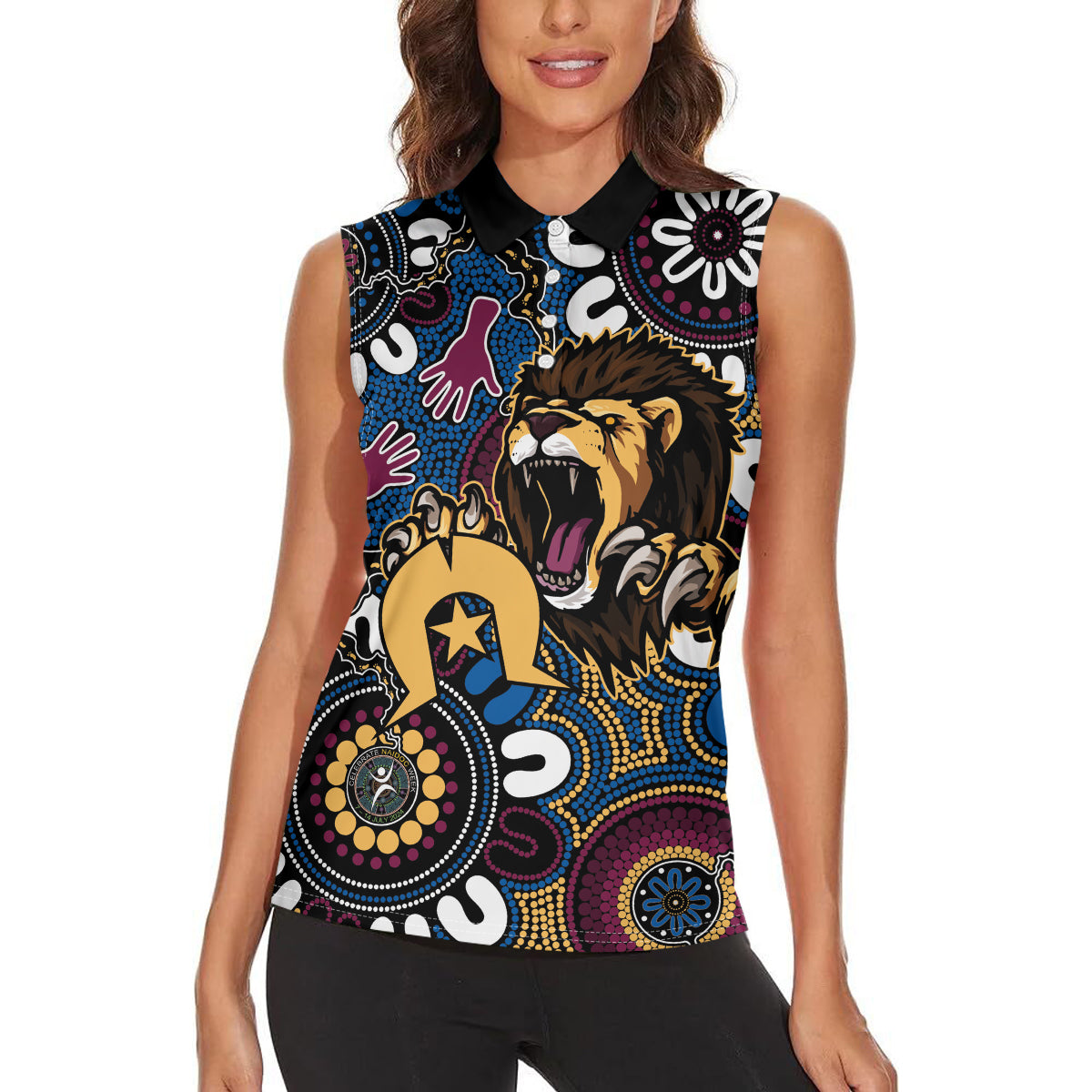 Custom Lions Football NAIDOC Week 2024 Women Sleeveless Polo Shirt Fire Burning Aboriginal Dots Art