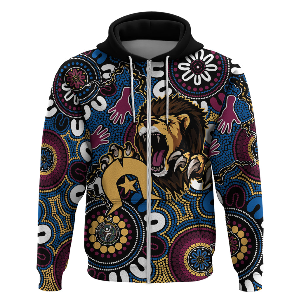 Custom Lions Football NAIDOC Week 2024 Zip Hoodie Fire Burning Aboriginal Dots Art