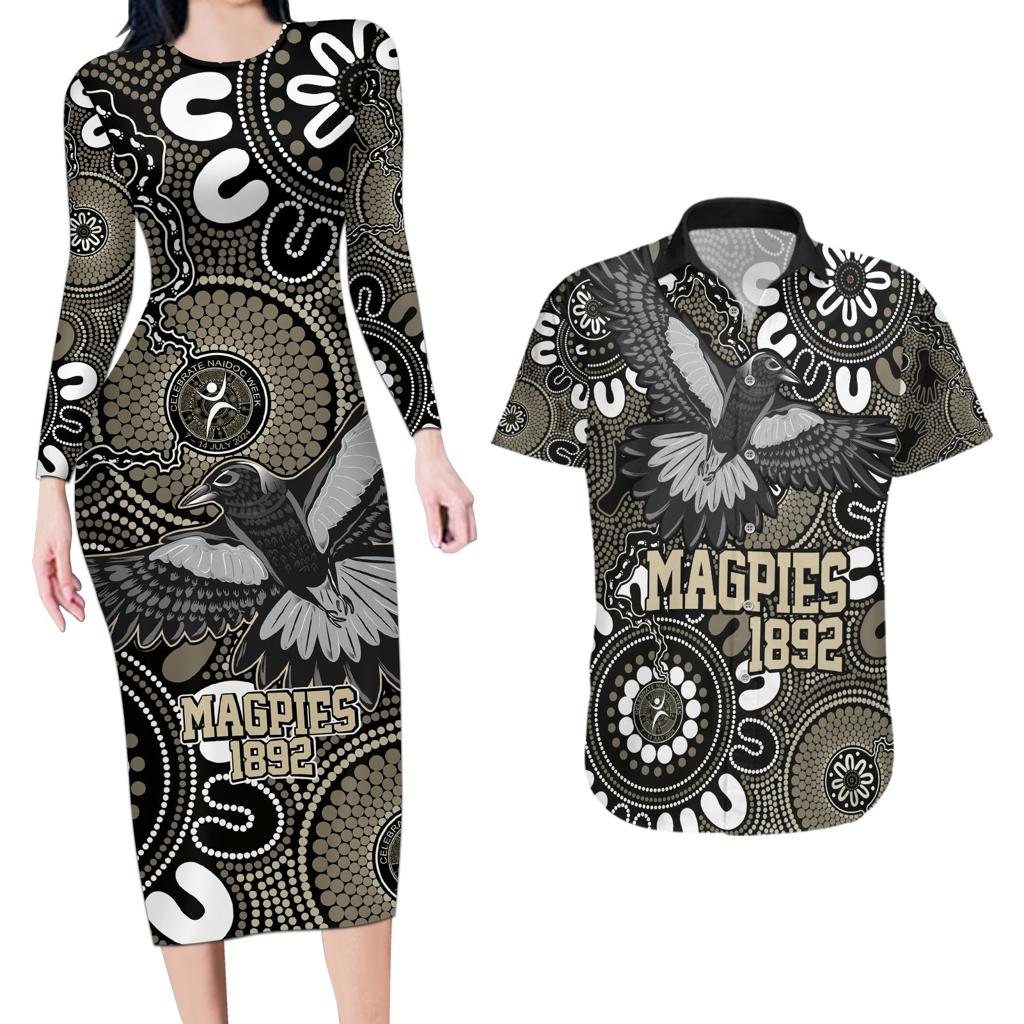 Custom Magpies NAIDOC Week 2024 Couples Matching Long Sleeve Bodycon Dress and Hawaiian Shirt Fire Burning Aboriginal Dots Art