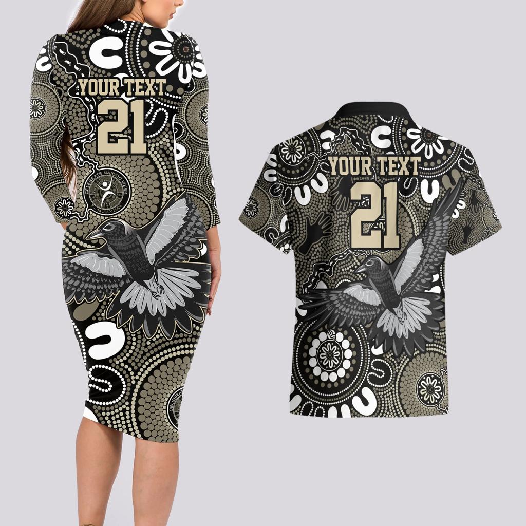 Custom Magpies NAIDOC Week 2024 Couples Matching Long Sleeve Bodycon Dress and Hawaiian Shirt Fire Burning Aboriginal Dots Art