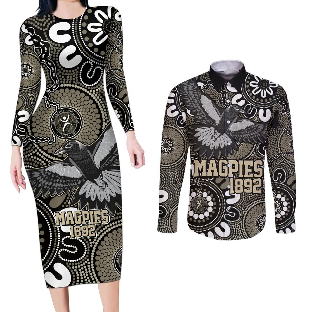 Custom Magpies NAIDOC Week 2024 Couples Matching Long Sleeve Bodycon Dress and Long Sleeve Button Shirt Fire Burning Aboriginal Dots Art