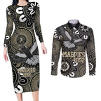 Custom Magpies NAIDOC Week 2024 Couples Matching Long Sleeve Bodycon Dress and Long Sleeve Button Shirt Fire Burning Aboriginal Dots Art