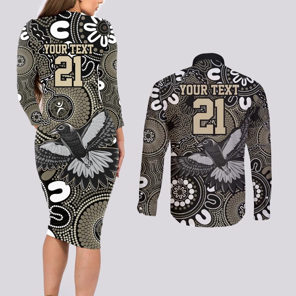 Custom Magpies NAIDOC Week 2024 Couples Matching Long Sleeve Bodycon Dress and Long Sleeve Button Shirt Fire Burning Aboriginal Dots Art