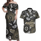 Custom Magpies NAIDOC Week 2024 Couples Matching Off Shoulder Maxi Dress and Hawaiian Shirt Fire Burning Aboriginal Dots Art