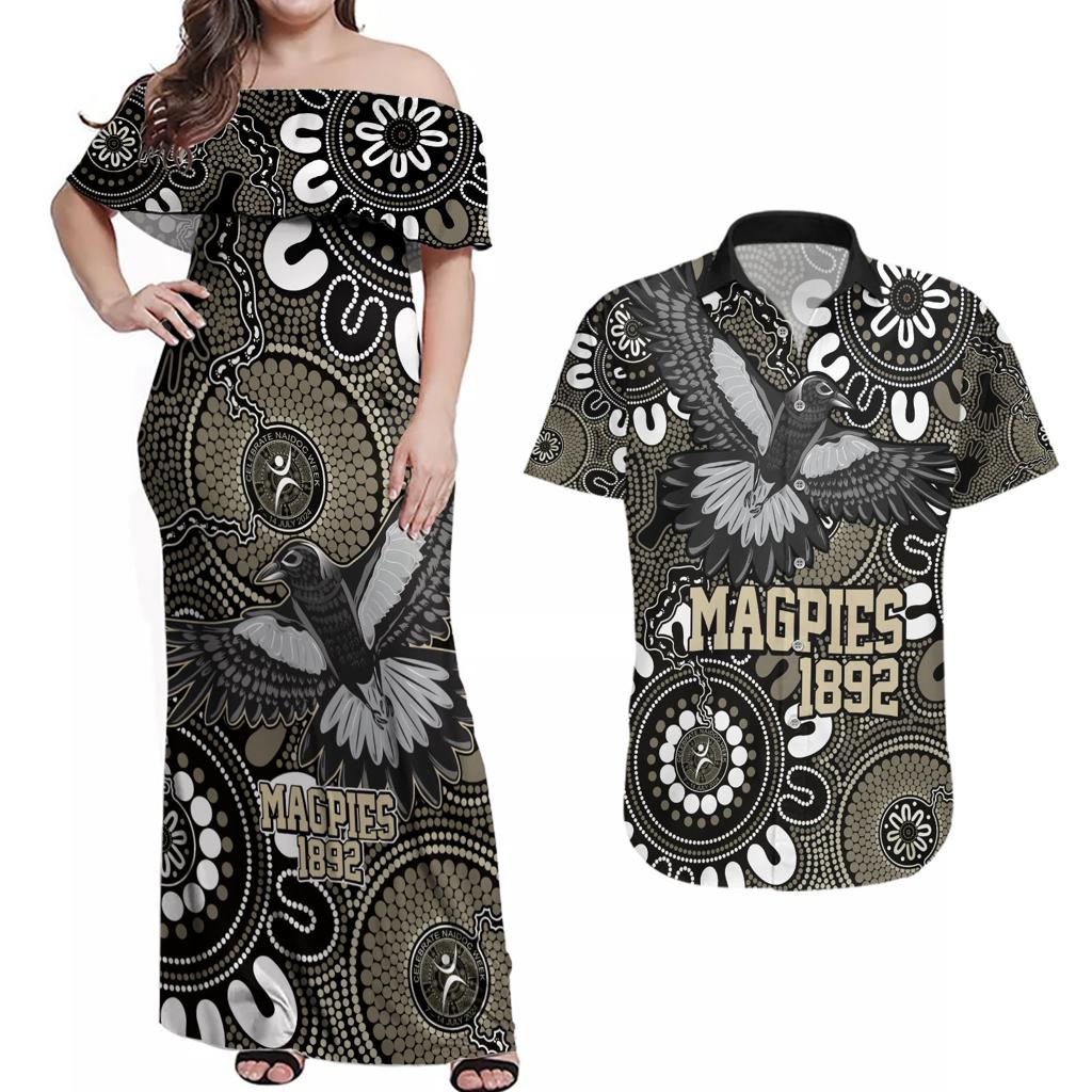 Custom Magpies NAIDOC Week 2024 Couples Matching Off Shoulder Maxi Dress and Hawaiian Shirt Fire Burning Aboriginal Dots Art