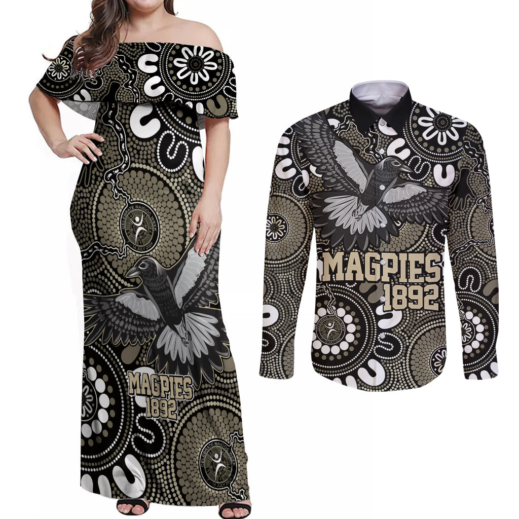 Custom Magpies NAIDOC Week 2024 Couples Matching Off Shoulder Maxi Dress and Long Sleeve Button Shirt Fire Burning Aboriginal Dots Art