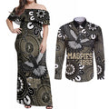 Custom Magpies NAIDOC Week 2024 Couples Matching Off Shoulder Maxi Dress and Long Sleeve Button Shirt Fire Burning Aboriginal Dots Art