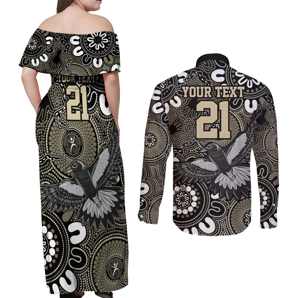 Custom Magpies NAIDOC Week 2024 Couples Matching Off Shoulder Maxi Dress and Long Sleeve Button Shirt Fire Burning Aboriginal Dots Art