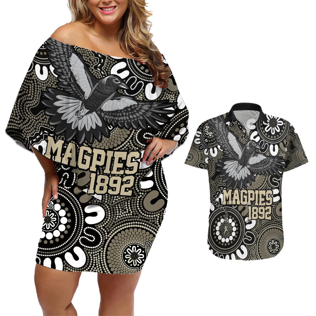 Custom Magpies NAIDOC Week 2024 Couples Matching Off Shoulder Short Dress and Hawaiian Shirt Fire Burning Aboriginal Dots Art