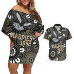 Custom Magpies NAIDOC Week 2024 Couples Matching Off Shoulder Short Dress and Hawaiian Shirt Fire Burning Aboriginal Dots Art