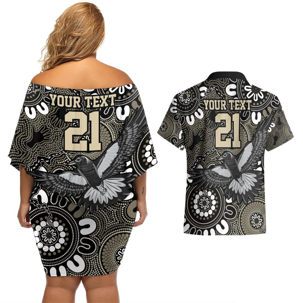Custom Magpies NAIDOC Week 2024 Couples Matching Off Shoulder Short Dress and Hawaiian Shirt Fire Burning Aboriginal Dots Art