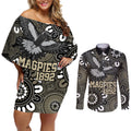 Custom Magpies NAIDOC Week 2024 Couples Matching Off Shoulder Short Dress and Long Sleeve Button Shirt Fire Burning Aboriginal Dots Art