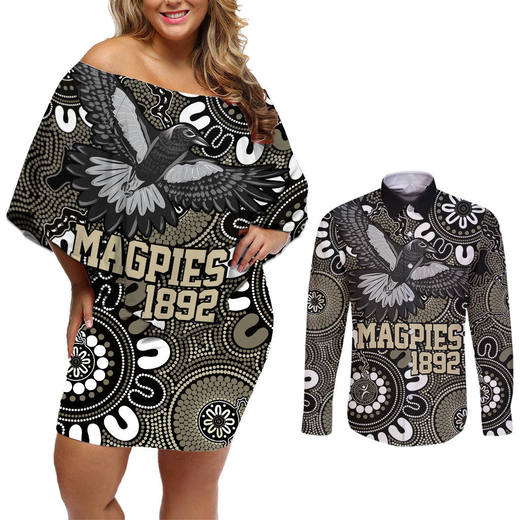 Custom Magpies NAIDOC Week 2024 Couples Matching Off Shoulder Short Dress and Long Sleeve Button Shirt Fire Burning Aboriginal Dots Art