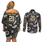 Custom Magpies NAIDOC Week 2024 Couples Matching Off Shoulder Short Dress and Long Sleeve Button Shirt Fire Burning Aboriginal Dots Art