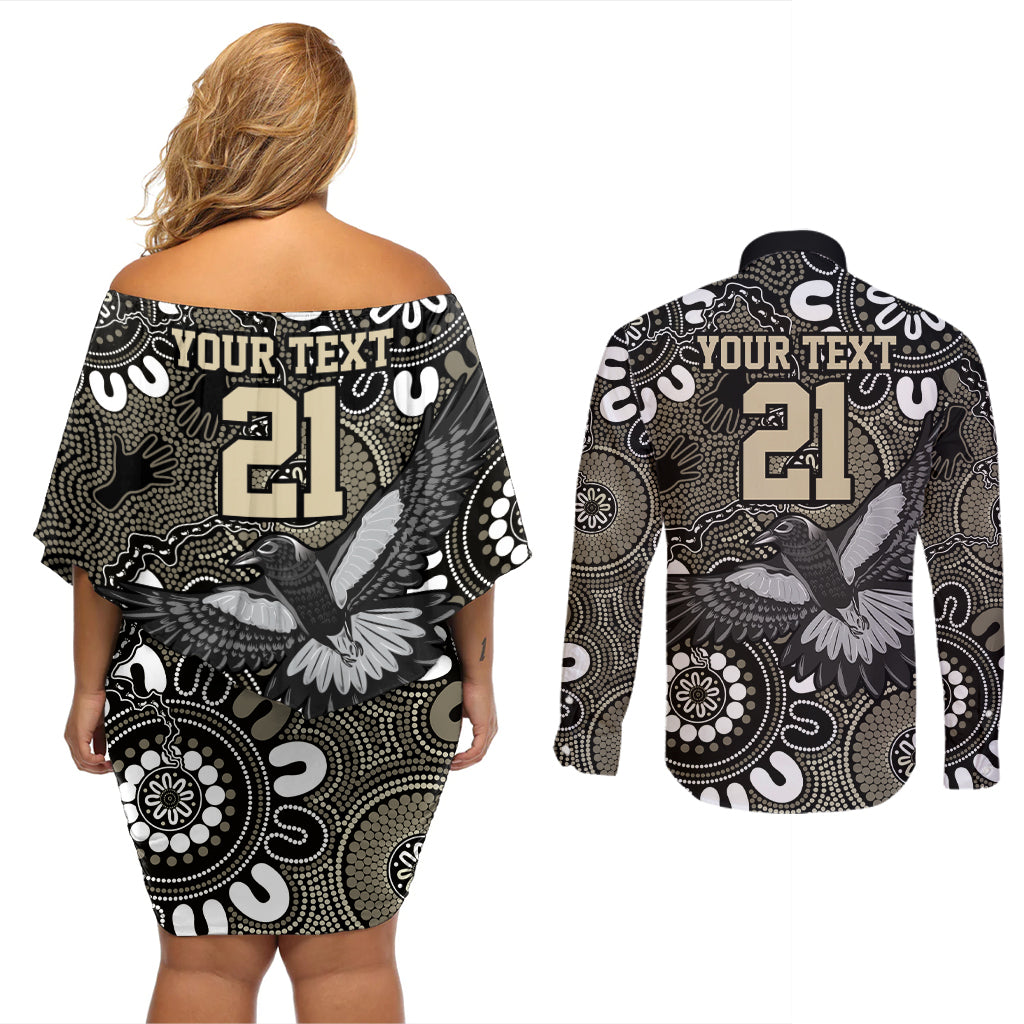 Custom Magpies NAIDOC Week 2024 Couples Matching Off Shoulder Short Dress and Long Sleeve Button Shirt Fire Burning Aboriginal Dots Art