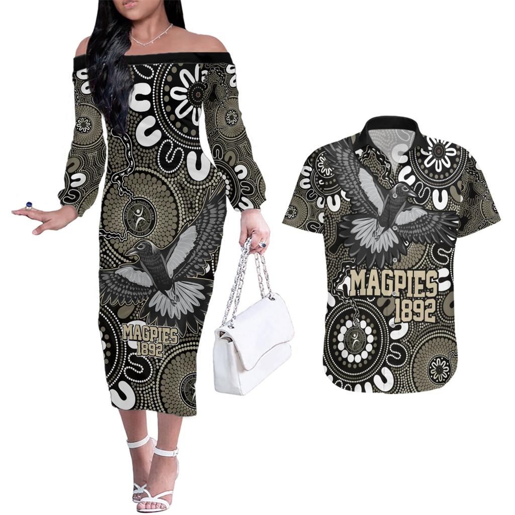 Custom Magpies NAIDOC Week 2024 Couples Matching Off The Shoulder Long Sleeve Dress and Hawaiian Shirt Fire Burning Aboriginal Dots Art
