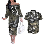 Custom Magpies NAIDOC Week 2024 Couples Matching Off The Shoulder Long Sleeve Dress and Hawaiian Shirt Fire Burning Aboriginal Dots Art