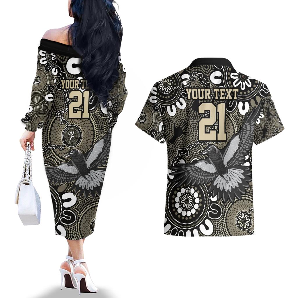 Custom Magpies NAIDOC Week 2024 Couples Matching Off The Shoulder Long Sleeve Dress and Hawaiian Shirt Fire Burning Aboriginal Dots Art