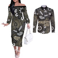 Custom Magpies NAIDOC Week 2024 Couples Matching Off The Shoulder Long Sleeve Dress and Long Sleeve Button Shirt Fire Burning Aboriginal Dots Art