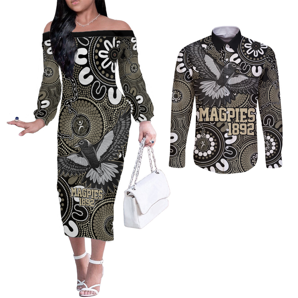 Custom Magpies NAIDOC Week 2024 Couples Matching Off The Shoulder Long Sleeve Dress and Long Sleeve Button Shirt Fire Burning Aboriginal Dots Art