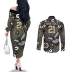 Custom Magpies NAIDOC Week 2024 Couples Matching Off The Shoulder Long Sleeve Dress and Long Sleeve Button Shirt Fire Burning Aboriginal Dots Art