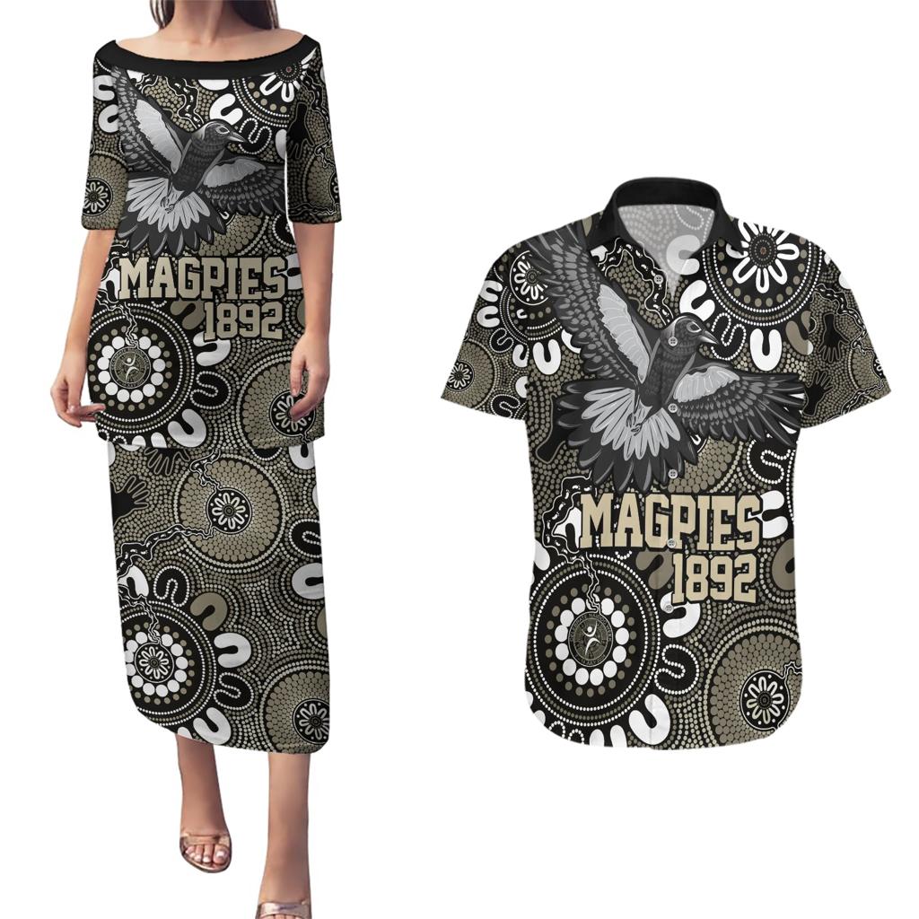 Custom Magpies NAIDOC Week 2024 Couples Matching Puletasi and Hawaiian Shirt Fire Burning Aboriginal Dots Art