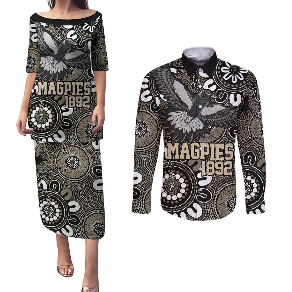 Custom Magpies NAIDOC Week 2024 Couples Matching Puletasi and Long Sleeve Button Shirt Fire Burning Aboriginal Dots Art