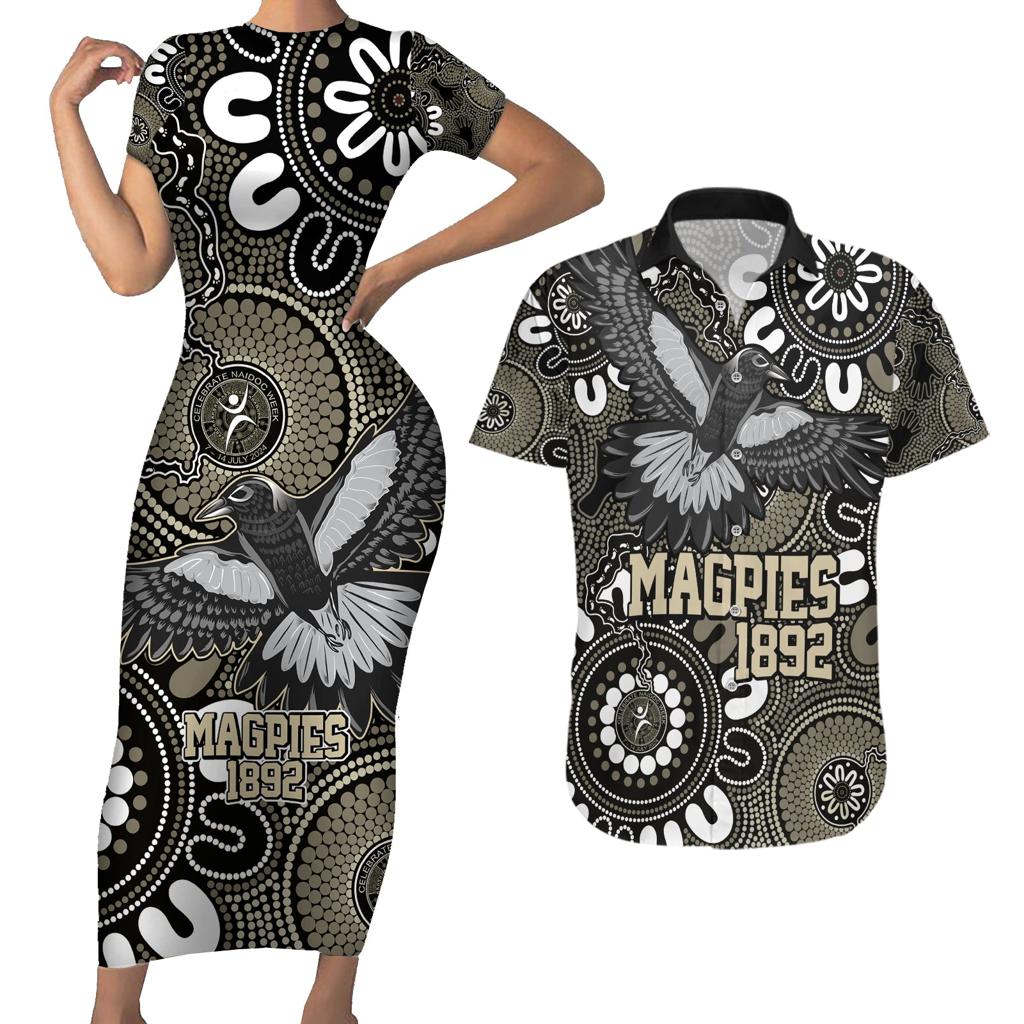 Custom Magpies NAIDOC Week 2024 Couples Matching Short Sleeve Bodycon Dress and Hawaiian Shirt Fire Burning Aboriginal Dots Art