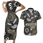 Custom Magpies NAIDOC Week 2024 Couples Matching Short Sleeve Bodycon Dress and Hawaiian Shirt Fire Burning Aboriginal Dots Art