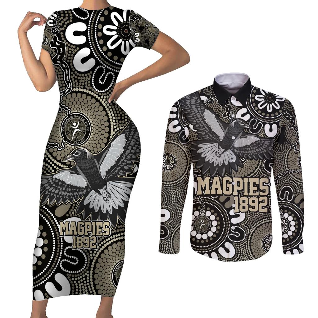 Custom Magpies NAIDOC Week 2024 Couples Matching Short Sleeve Bodycon Dress and Long Sleeve Button Shirt Fire Burning Aboriginal Dots Art