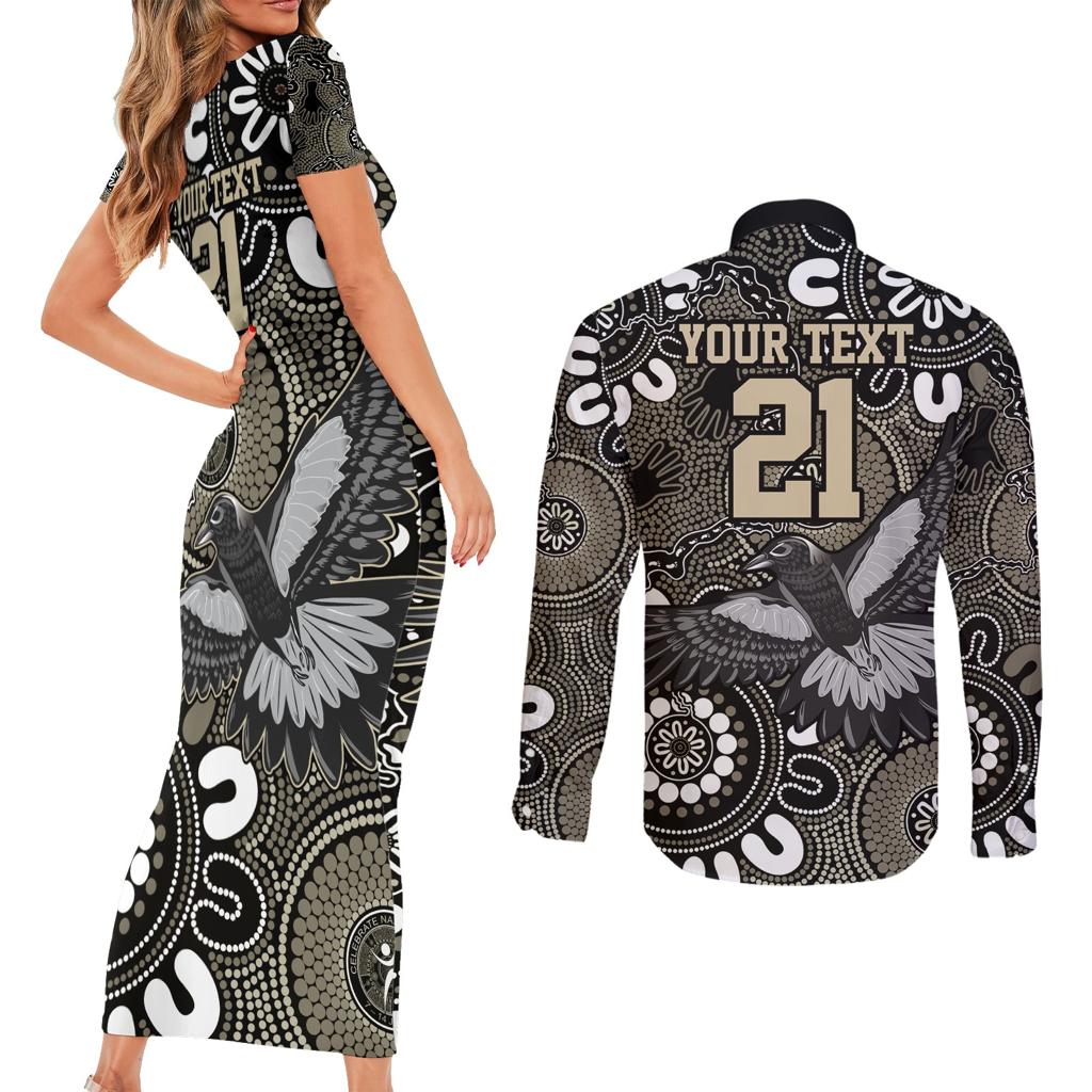 Custom Magpies NAIDOC Week 2024 Couples Matching Short Sleeve Bodycon Dress and Long Sleeve Button Shirt Fire Burning Aboriginal Dots Art