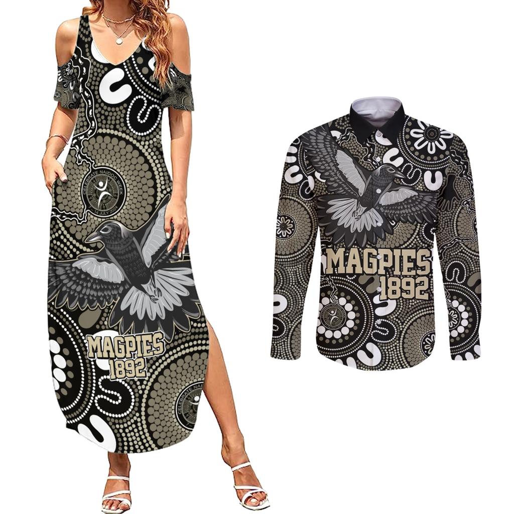 Custom Magpies NAIDOC Week 2024 Couples Matching Summer Maxi Dress and Long Sleeve Button Shirt Fire Burning Aboriginal Dots Art