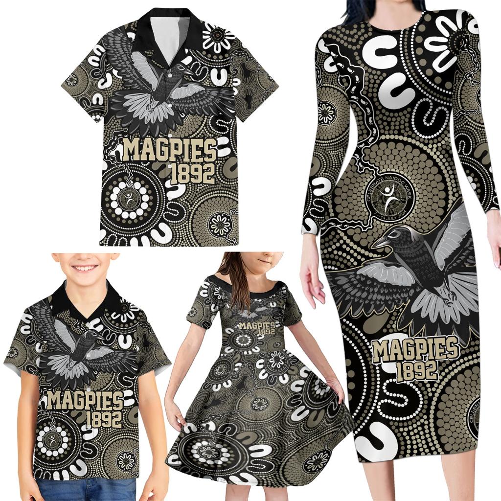 Custom Magpies NAIDOC Week 2024 Family Matching Long Sleeve Bodycon Dress and Hawaiian Shirt Fire Burning Aboriginal Dots Art