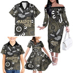 Custom Magpies NAIDOC Week 2024 Family Matching Off The Shoulder Long Sleeve Dress and Hawaiian Shirt Fire Burning Aboriginal Dots Art