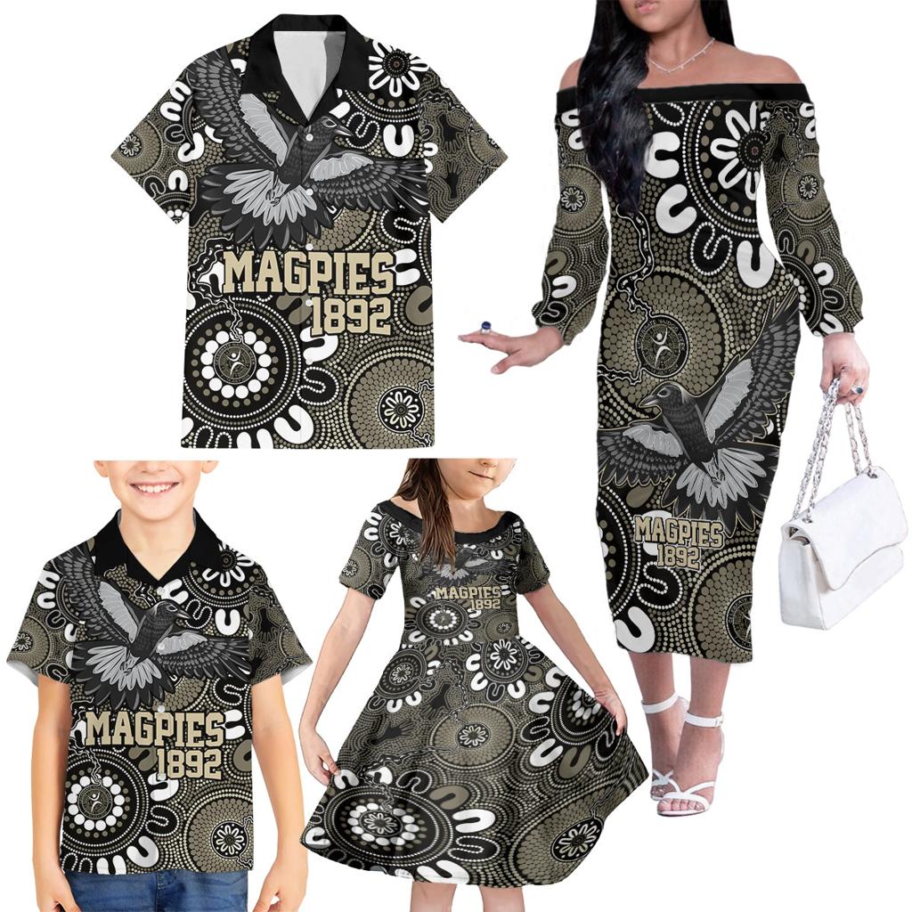 Custom Magpies NAIDOC Week 2024 Family Matching Off The Shoulder Long Sleeve Dress and Hawaiian Shirt Fire Burning Aboriginal Dots Art